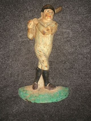 Vintage Cast Iron Doorstop Baseball Player Statue Batter On Turf 9 Inches Tall
