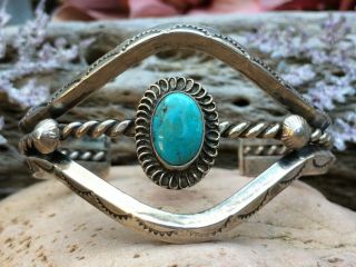 Vintage Stamped Navajo Sterling Silver Turquoise Cuff Bracelet Old Pawn Wow L@@k