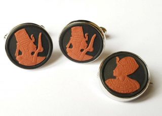 Vintage Wedgwood Egyptian Revival Rosso Antico Cufflinks & Brooch