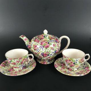 Vtg Royal Winton Summertime Chintz Teapot Tea Set Teacups Saucers Cream Pink