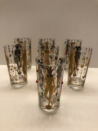 Vintage Culver 22k Gold Harlequin Mardi Gras Jester Set Of 7 Drinking Glasses