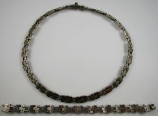 Mexico Sterling Silver Panel Necklace & Bracelet Vintage Set 115.  1 Grams