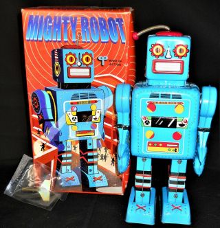 Vintage Mighty Robot Tin Mechanical Wind - Up Toy Collectible