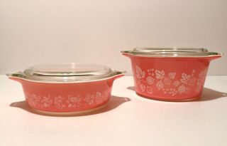 Vintage Pyrex Pink Gooseberry 471 473 Covered Casserole Glass Baking Dishes Mcm
