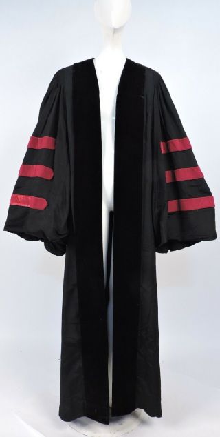 Victorian Black Silk Faille Graduation Robe / Gown W Black & Red Silk Velvet