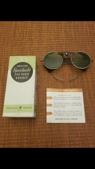 Vntg American Optical Co Spectacle Leather Side Shield Goggle Glasses Ww2 Green