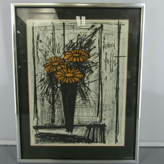 Bernard Buffet " Flower " Vintage Authentic Lithograph With Framed