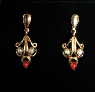 Vintage,  9ct Gold,  Pearl & Coral Drop Earrings.  Xeed.