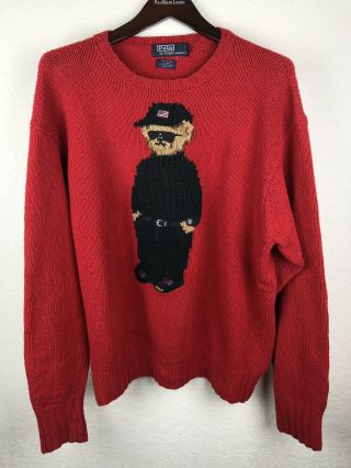Vintage Polo Ralph Lauren Cool Bear Knit Sweater Red Sz L Mens 90s