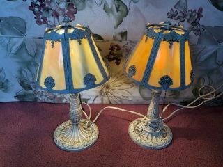 Two (2) Vintage Salem Bros.  6 - Panel Slag Glass Table Lamps