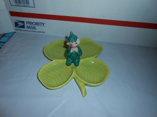 Rare Vtg 1951 Gilner California Art Pottery Pixie Elf On Leaf Divided Candy Dish