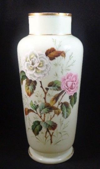 Huge 15 " Antique Victorian Bohemian Custard Hand Painted Enamel Peony Glass Vase