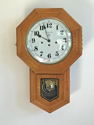 Vtg Harrington House Timekeeper Solid Oak Wall Clock W/ Franz Hermle Movement