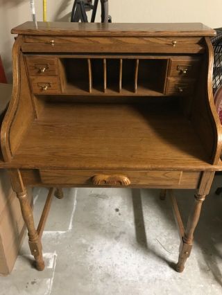 44.  5” Antique Oak Roll Top Desk 5 drawers,  5 slots Computer Home Office Student 2