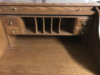 44.  5” Antique Oak Roll Top Desk 5 drawers,  5 slots Computer Home Office Student 6