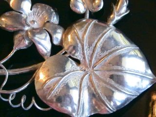 Big Antique Sterling Silver Morning Glory Flower Pin Brooch Hallmarks Leaf & Bud