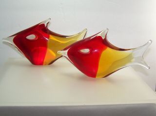 Murano Glass Fish Pair Red And Yellow Mcm Vintage 1960 