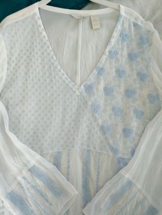 Vintage Johnny Was For J.  Jill Xl Rayon White Blouse Pale Blue Floral Embroidery