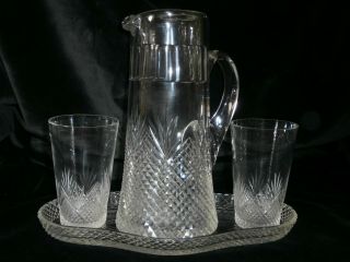 Vintage American Brilliant Cut Crystal 4 - Pc Water Set Pitcher,  Tray,  2 Glasses