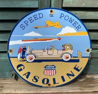 Vintage Union Speed And Power Gasoline Porcelain Pump Plate Sign