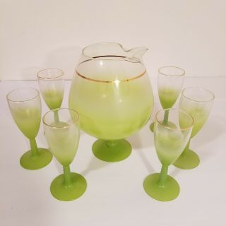 Vintage Blendo Style Green Fade Cocktail Pitcher With 6 Wine Glasses