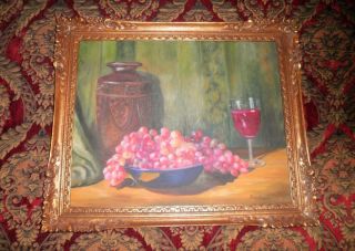 Vintage Wine & Grapes Still Life On Thick Artist’s Board Oil Painting Signed