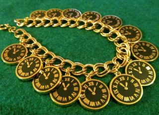 Unusual Vintage 12k Gold Filled Enameled Clock Loaded Charm Bracelet