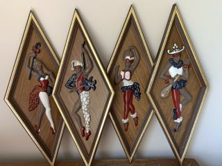 Vintage Jester Wall Hanging Mid Century Modern Hand Painted Set Of 4 Dancers