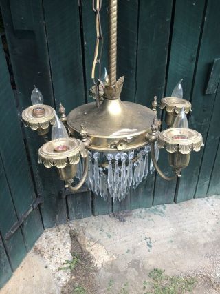 Antique Vintage Hanging Pan Chandelier Ceiling Light Fixture 4 Arm Brass Prisims