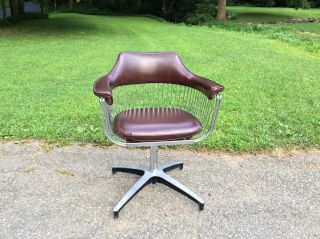 Vintage Mid Century Modern Eames Era Leather Chrome Lounge Office Swivel Chair 2
