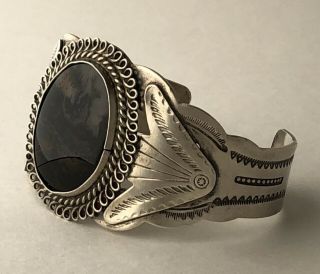 Vintage Native American Indian Silver And Petrified Wood Cuff Bracelet