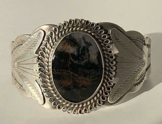 VINTAGE NATIVE AMERICAN INDIAN SILVER AND PETRIFIED WOOD CUFF BRACELET 2