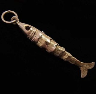 Vintage 9ct Gold Articulated Fish Charm / Pendant With Garnet Eyes