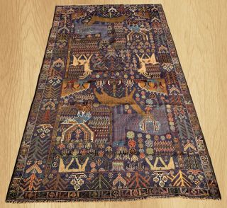 Hand Knotted Oriental Afghan Balouch Pictorial Hunting Wool Area Rug 7 x 4 Ft 3