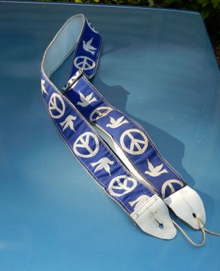 Vintage Ace Peace Signs & Doves Hippie Blue Guitar Strap Neil Young Ace