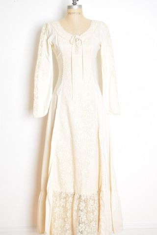 Vintage 70s Dress Cream Crochet Lace Gunne Sax Hippie Boho Wedding Dress Xs