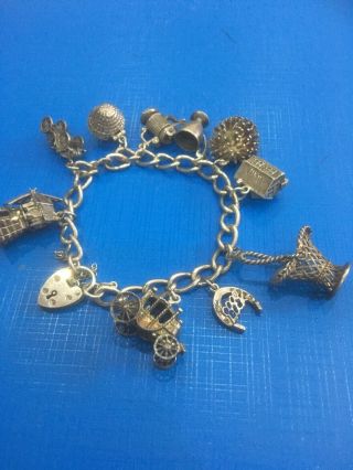 Solid Sterling Silver Hallmarked Vintage Charm Bracelet With 9 Large Charms