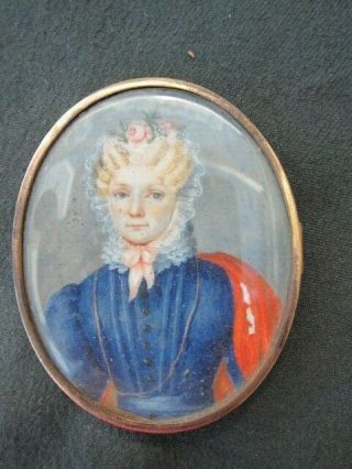 Antique French Miniature Painting Hand Painted Portrait,  Gold Framed 19th C.