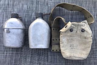 2 Vintage Wwi & Wwii 1918 & 1943 Army Canteen & Cover With Belt