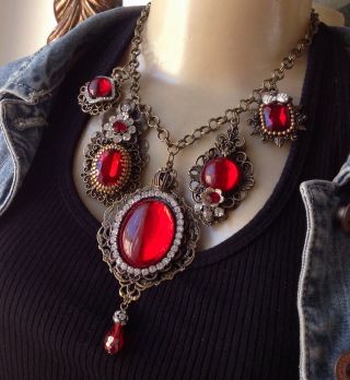 Victorian Menagerie Vintage Necklace 5 Filigree Red Rhinestone Charm Pendants