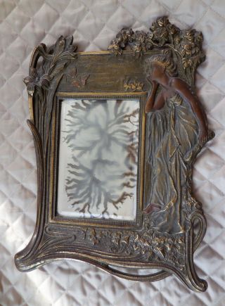Art Nouveau Cast Iron Lady Floral Mirror Frame Victorian Brass