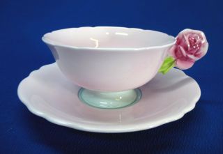 Paragon Pink Rose Handled Cup And Saucer Set Pink & Green