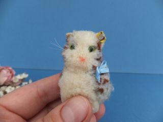 Vintage Antique Miniature Wool Pompom Steiff Tabby Toy Cat,  Ear Button 7290/05