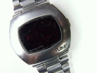 Vintage PULSAR Red LED Tiffany & Co.  mens watch STAINLESS St.  Signed band AS/IS 7