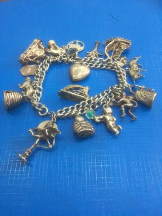 Solid Sterling Silver Hallmarked Vintage Charm Bracelet With Charms Double Cha