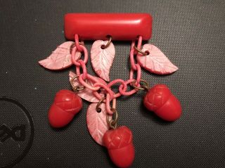 Vintage Bakelite Ruby Red Carved Acorns Dangle Pin Brooch Costume Jewelry