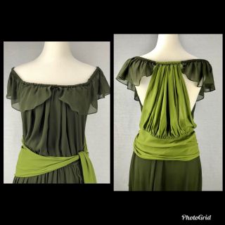 Vintage Yves Saint Laurent Olive Green Silk Ruffled Evening Gown Ysl Sz 36