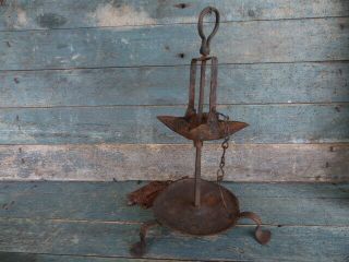 Antique Primitive 18th C Grease Betty Lamp Wrought Iron 13 Inch Hand Forged Aafa