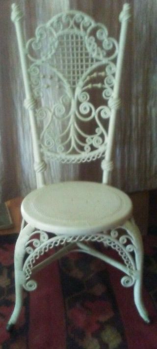 Toc Heywood Wakefield White Scrolled Wicker High Back Chair With Label