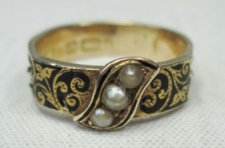 Antique Victorian 15ct Gold Hair Black Enamel Pearl Mourning Ring Size M 1892